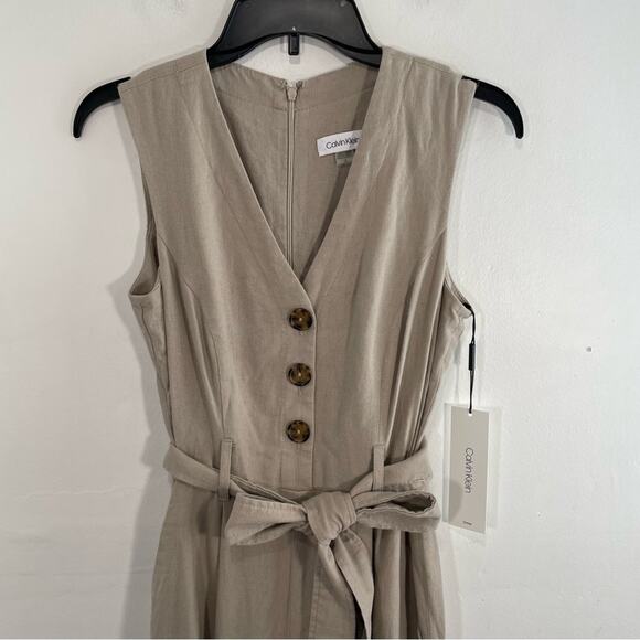 NWT Calvin Klein Khaki Linen Blend Wide Leg Button Front Sleeveless Jumpsuit 2 - Picture 6 of 15